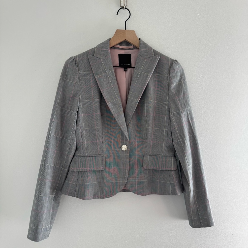 The Limited Vintage Y2K Glen Plaid Blazer Jacket Grey Pink Shimmer Size 2
